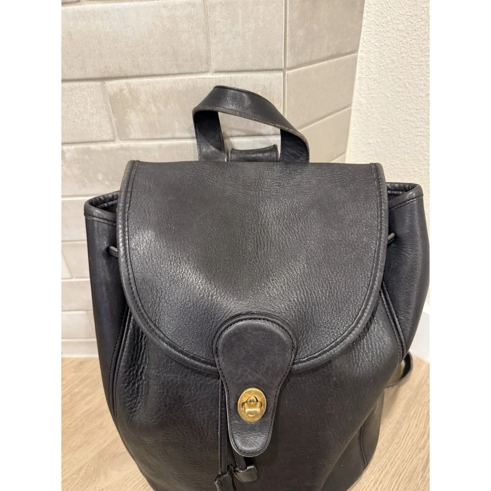 Vintage Coach USA Made Black‎ Leather Backpack 9943 1995 Drawstring Daypack Y2K